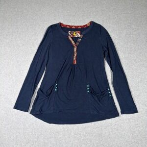 Anthropologie Little Yellow Button Navy Cotton Henley Tunic Top Pockets M Boho